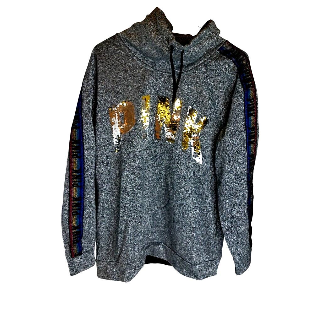 PINK Victoria's Secret Gray Cowl Neck Rainbow Flip Sequin Hoodie Sweatshirt S